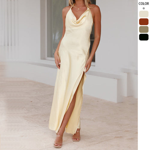 Robe maxi satin élégante pour femmes avec décolleté plus profond et fente latérale Levoire