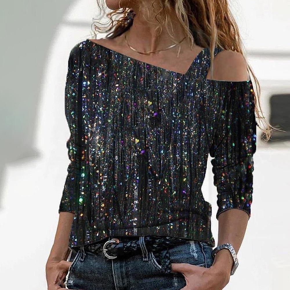 Levoire | T-shirt off-shoulder à imprimé marbré tendance à manches mi-longues A1