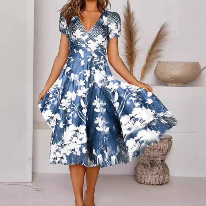 Levoire | Rento Print V-décolleté À Manches Courtes Robe Évasée