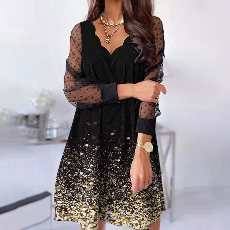Levoire | Robe longue à manches longues en filet transparent avec décolleté en V Couleur dégradée