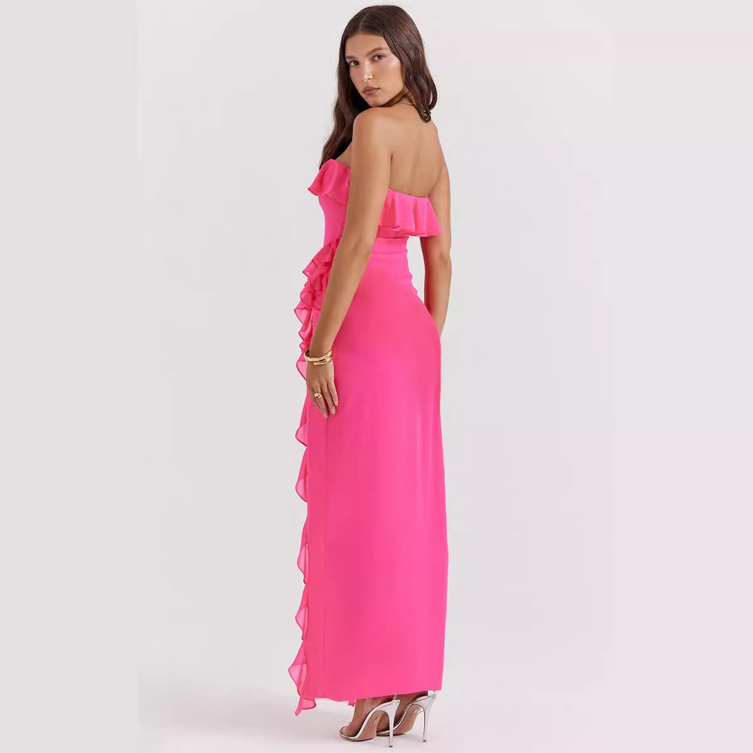 Robe maxi femme à épaules dénudées avec volants et fente Levoire