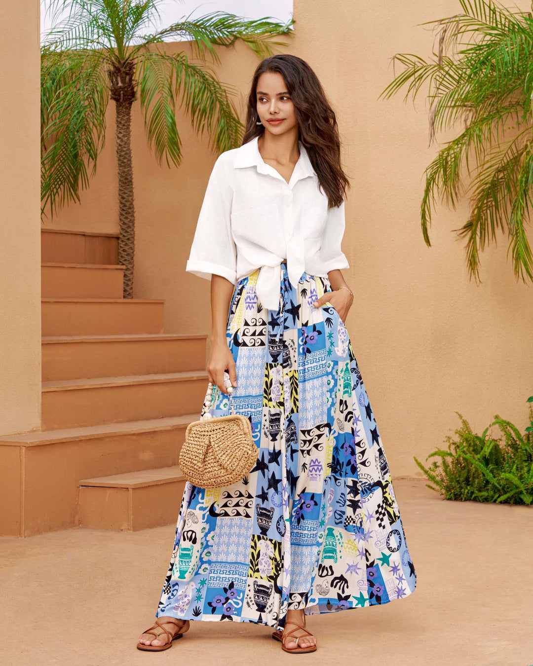 Robe maxi longue pour femme avec imprimé géométrique coloré et fentes latérales hautes Levoire