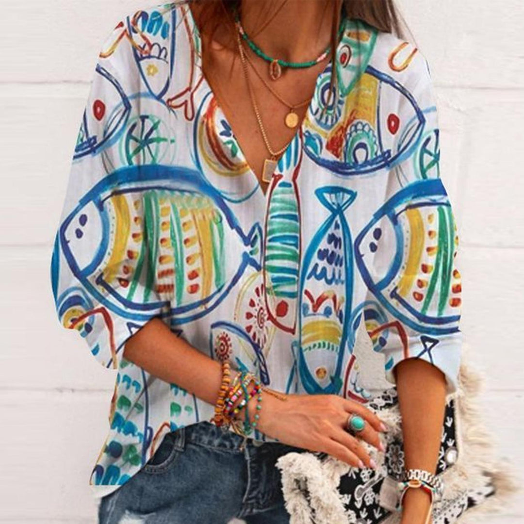 Levoire | T-shirt à imprimé tendance col en V à poignets extensibles à manches trois-quarts Blanc