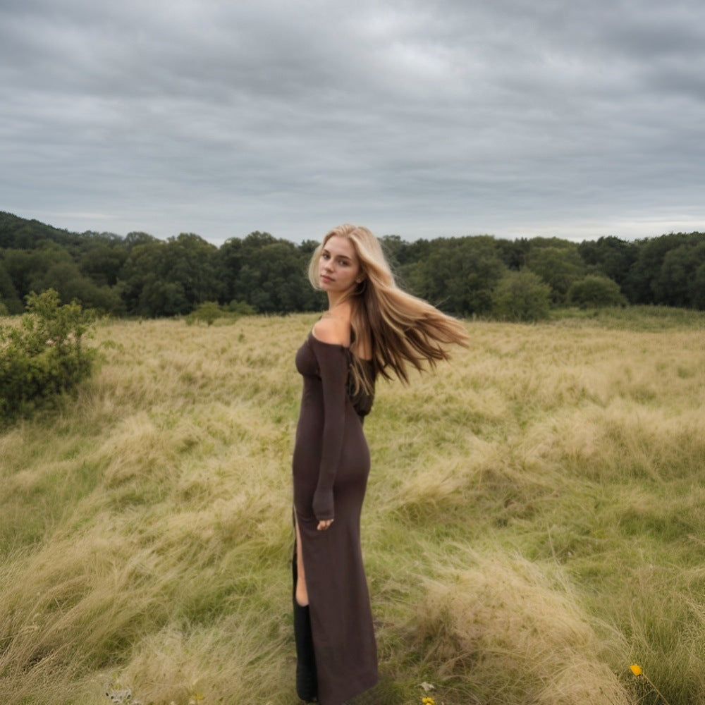 Robe maxi élégante à manches longues pour femmes en jersey doux avec une coupe ajustée Levoire