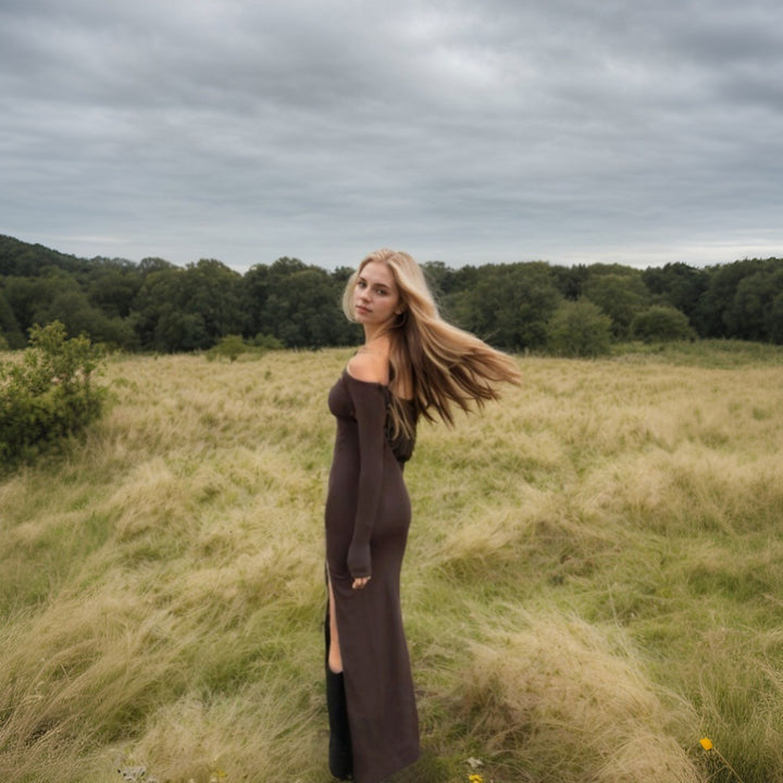 Robe maxi élégante à manches longues pour femmes en jersey doux avec une coupe ajustée Levoire