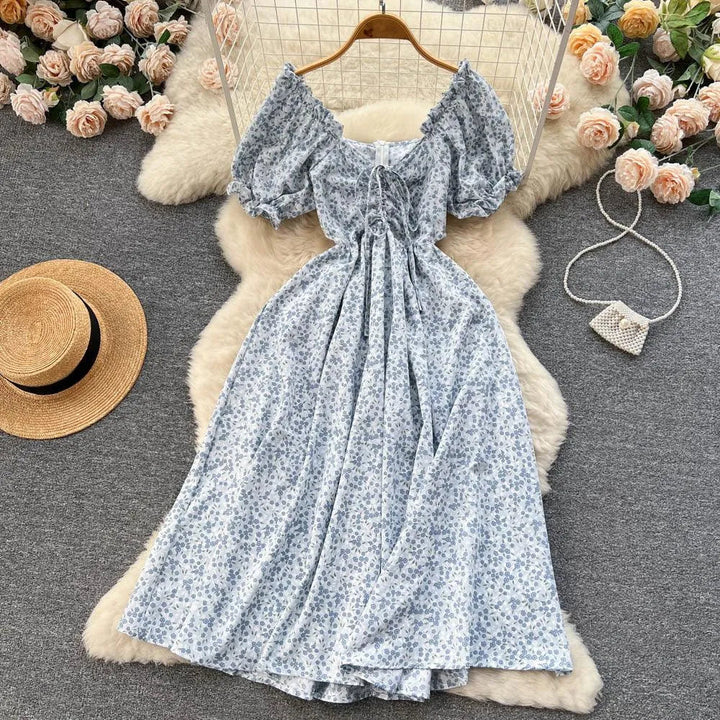 Levoire | Robe rétro à imprimé floral avec encolure en V Bleu ciel Taille libre