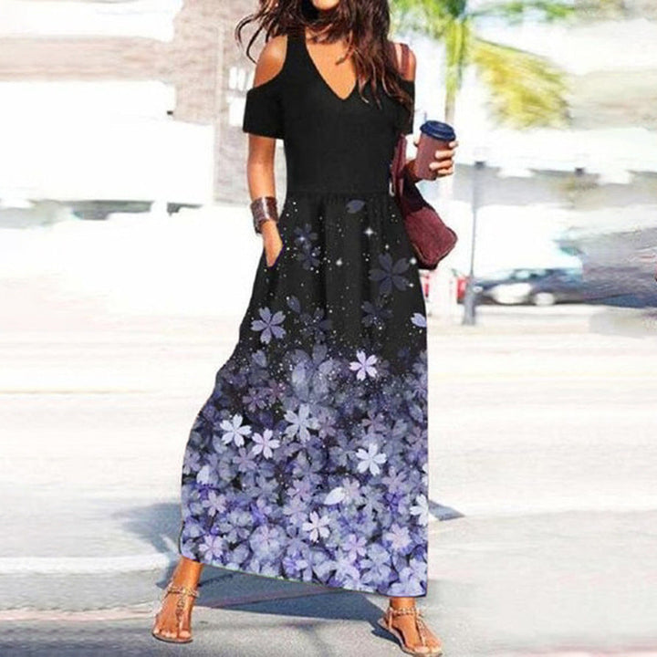 Levoire | Chic Floral Print V-Haul Off-Shoulder Robe Lavande Lilas