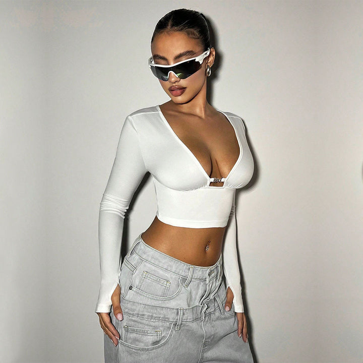 Haut à manches longues cropped pour femmes avec décolleté en V profond et boucle décorative Levoire