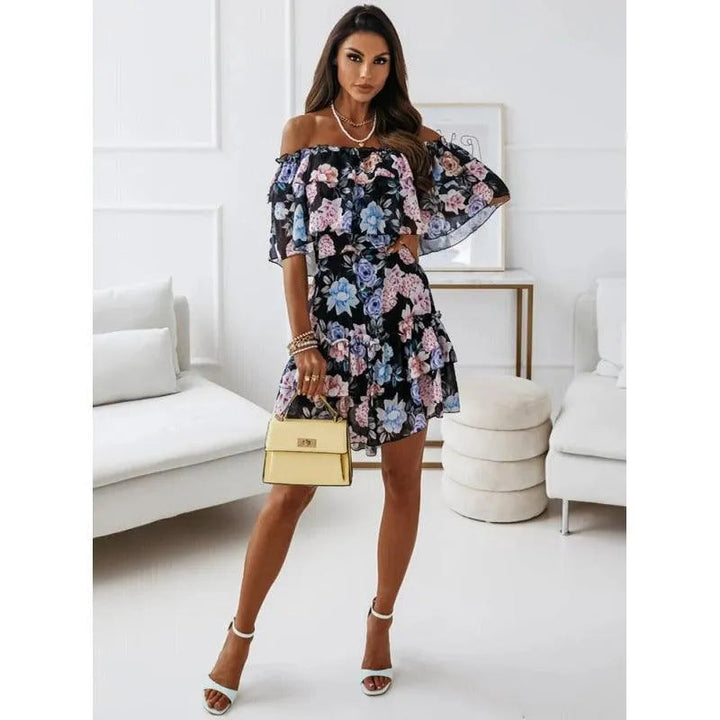 Levoire | Robe en chiffon décontractée avec un large décolleté et une taille élastiquée imprimée Noir