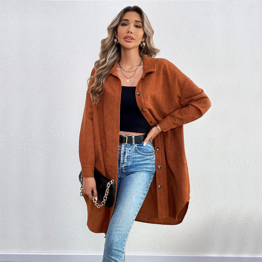 Veste chemise à manches longues pour femmes en corduroy doux avec patte de boutonnage Levoire