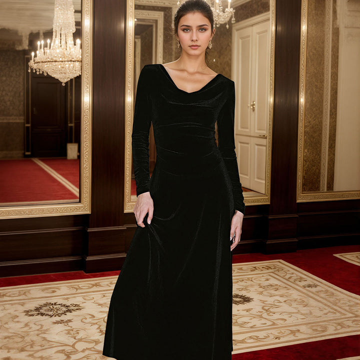 Robe maxi élégante pour femmes avec encolure drapée flatteuse et manches longues Levoire