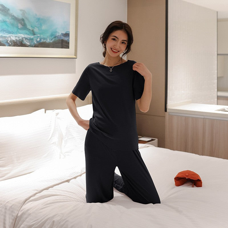 Levoire | Ensemble De Pyjama Deux Pièces Avec T-Shirt À Col Rond Et Pantalon Large En Soie De Glace Noir Une taille convient à tous