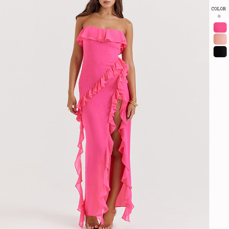 Robe maxi femme à épaules dénudées avec volants et fente Levoire