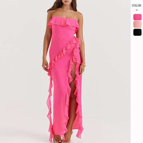 Robe maxi femme à épaules dénudées avec volants et fente Levoire