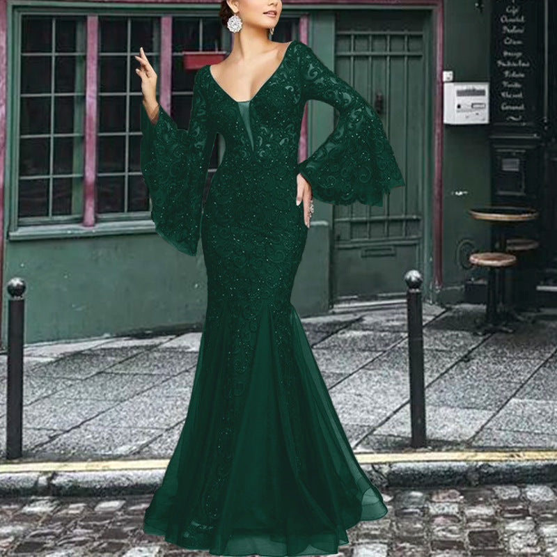 Levoire | Élégante robe de soirée noire à ancre en dentelle Vert foncé