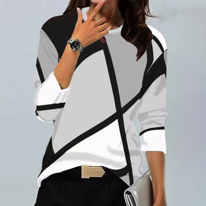 Levoire | Trendik Vintage Imprimé Géométrique Col Rond Chemise à Manches Longues 2#Gris