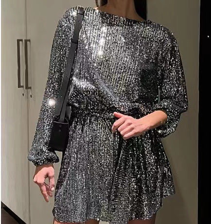 Levoire | Couleur unie, à sequins, taille taille Noir Argent