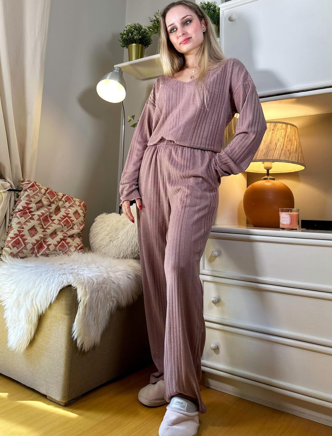 Levoire | Ribbi-Pyjama Automne Hiver Chaud Ensemble Deux-Pièces Rose foncé