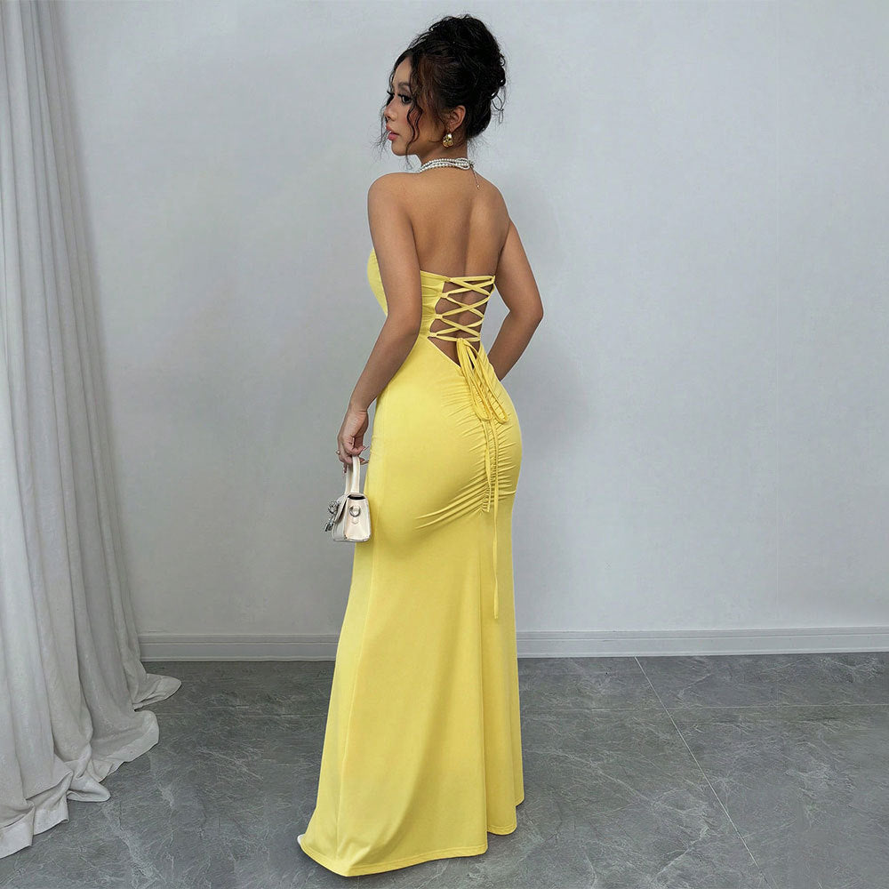 Robe maxi ajustée à enrouler pour femmes avec design décolleté et fente sexy dans le dos Levoire