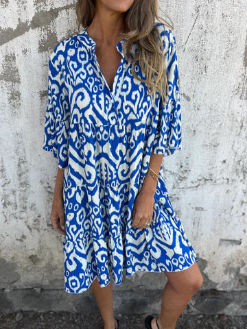 Levoire | Chic Printemps Été Imprimé Volant V-Décolleté Robe Bleu
