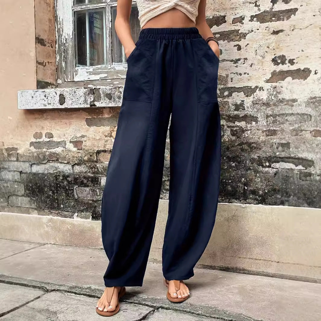 Pantalon large en lin pour femmes avec taille élastique et poches latérales Levoire