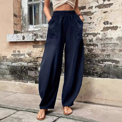 Pantalon large en lin pour femmes avec taille élastique et poches latérales Levoire