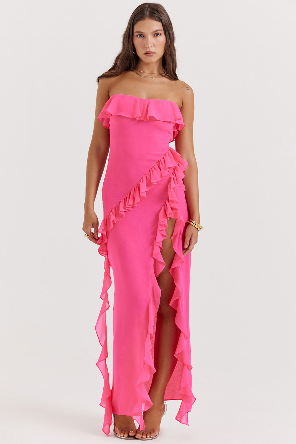 Robe maxi femme à épaules dénudées avec volants et fente Levoire