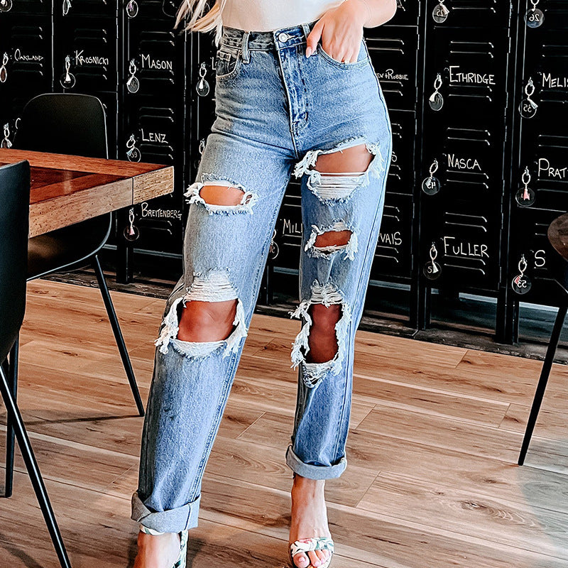 Jeans boyfriend déchirés taille haute pour femmes Levoire