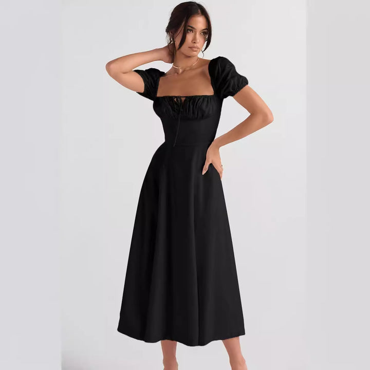 Robe Midi Élégante Femme avec Manches Bouffantes et Encolure Raffinée Levoire