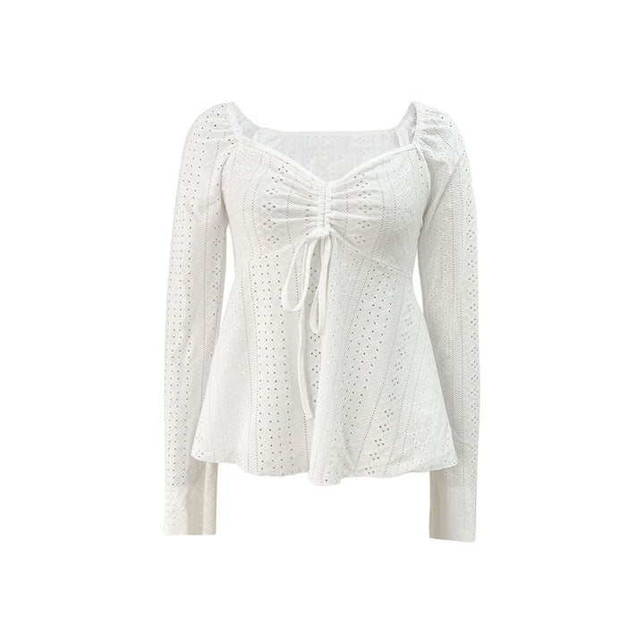 Femme blouse partie avec détails de volants décorés et design de lacets élégant Levoire