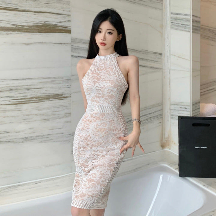 Levoire | Robe à dos nu en dentelle moulante avec décolleté plongeant Blanc