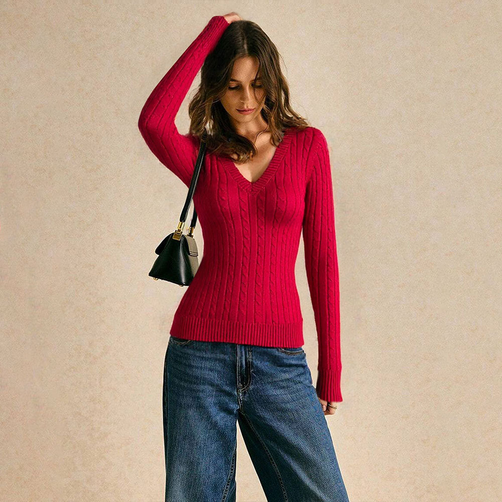 Pull en tricot pour femmes avec un décolleté en V profond et un motif de câble sophistiqué Levoire