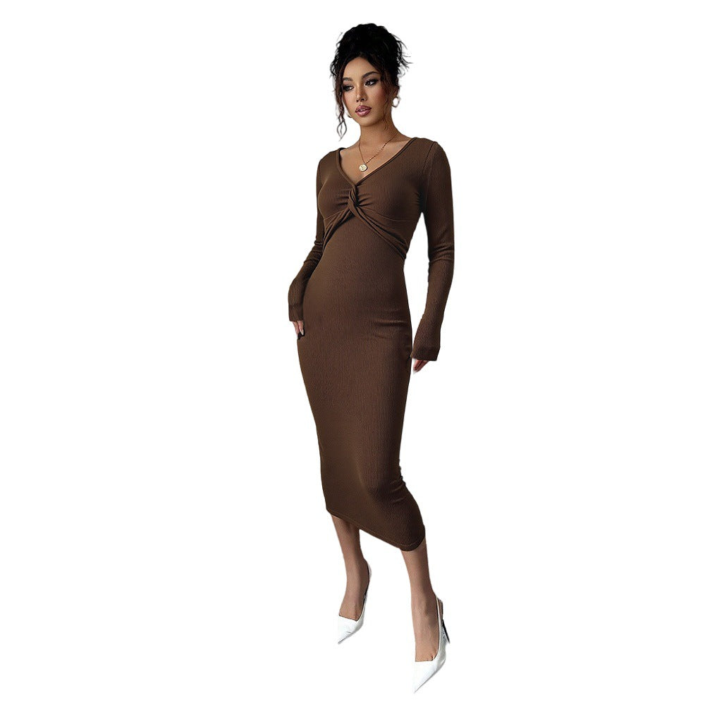 Robe midi ajustée en jersey pour femmes avec détail torsadé et manches longues Levoire