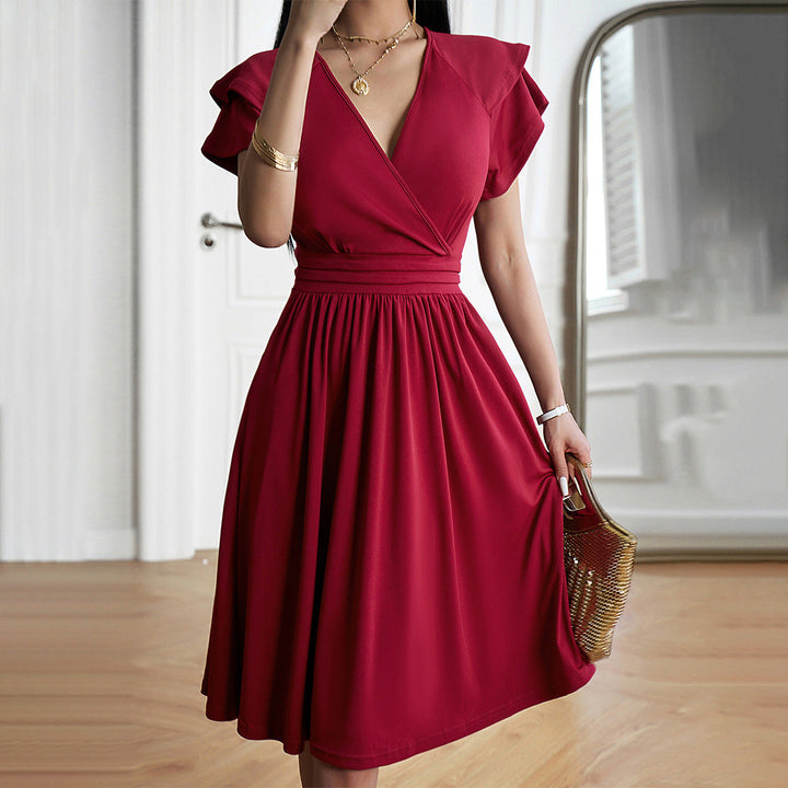 Levoire | Robe midi à col en v à la mode pour femmes Bordeaux