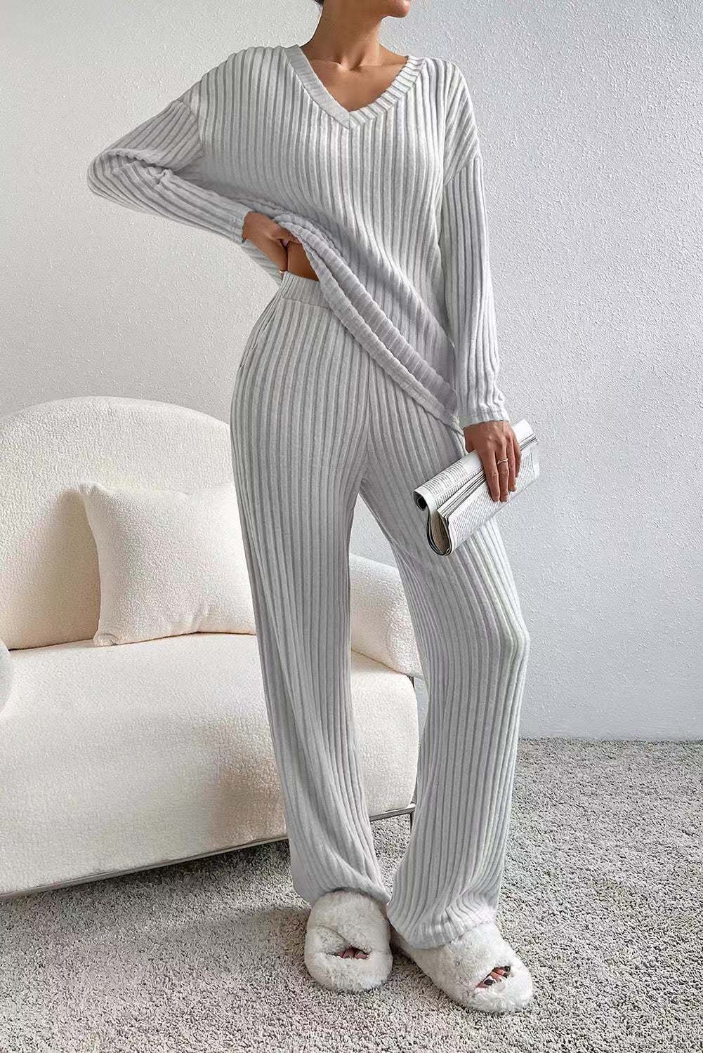 Levoire | Ensemble De Détente En Tricot Côtelé Gris
