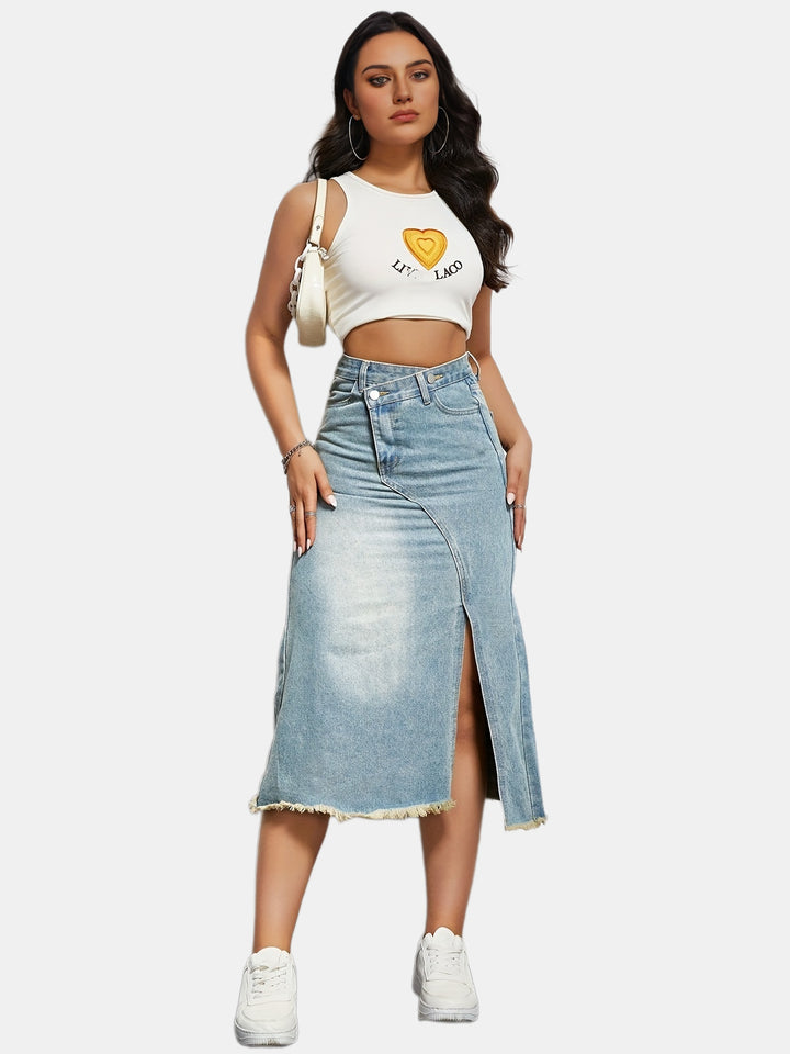 Jupe en denim longue pour femme avec fente asymétrique et ourlet effiloché Levoire