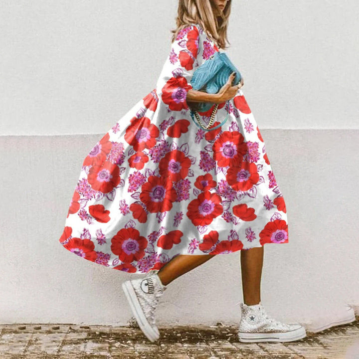 Levoire | Élégante robe en imprimé paisley fleuri, avec des manches trois quarts 4-Blanc de base fleur rouge