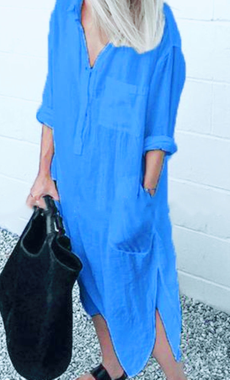 Levoire | Intemporel Simple Boutons Devant Long Robe Chemise Bleu clair