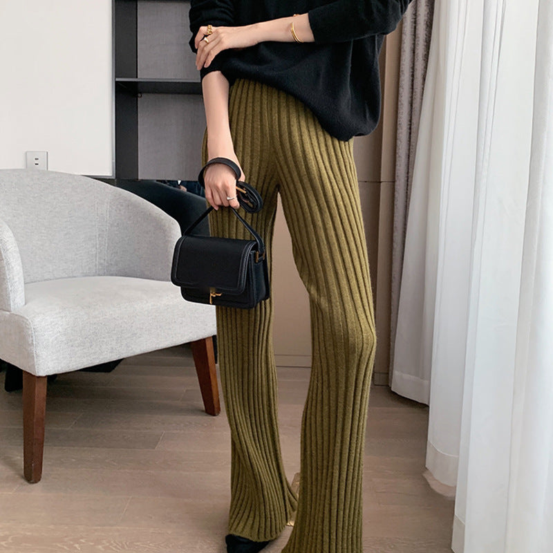Pantalon en tricot côtelé confortable pour femme avec jambe large et taille haute Levoire