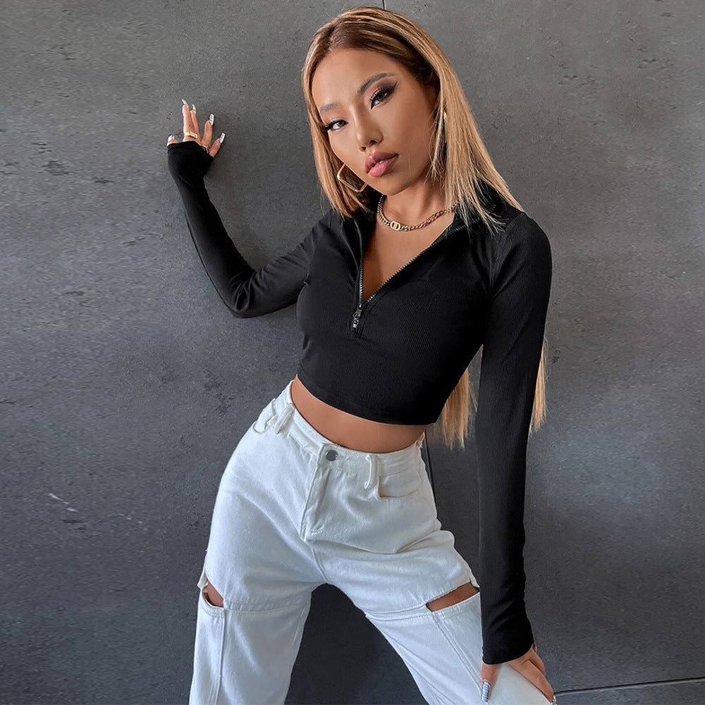 Chemise à manches longues cropped pour femme avec fermeture éclair à la mode Levoire
