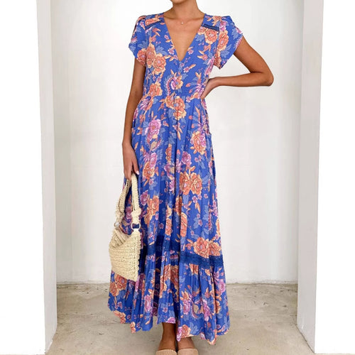 Robe maxi pour femmes avec motif floral et décolleté en V profond Levoire