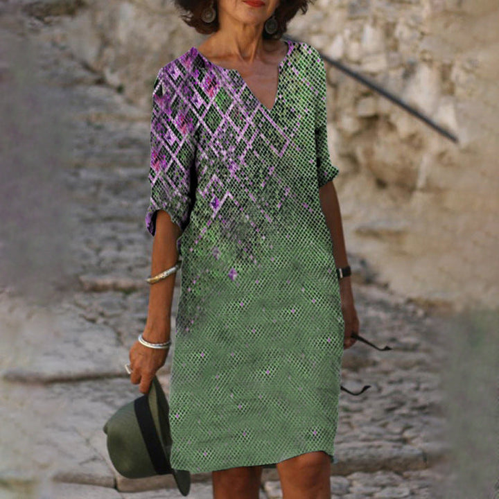 Levoire | Robe Courte Imprimée Détendue à Col V Vert