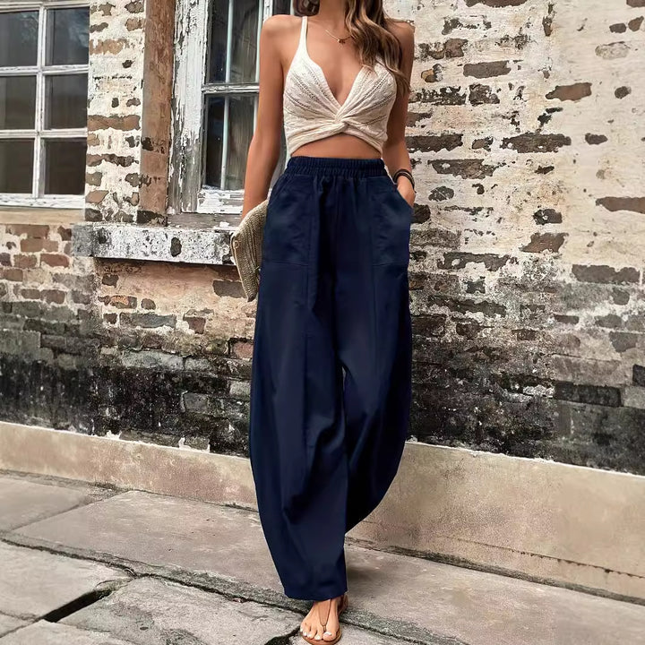 Pantalon large en lin pour femmes avec taille élastique et poches latérales Levoire