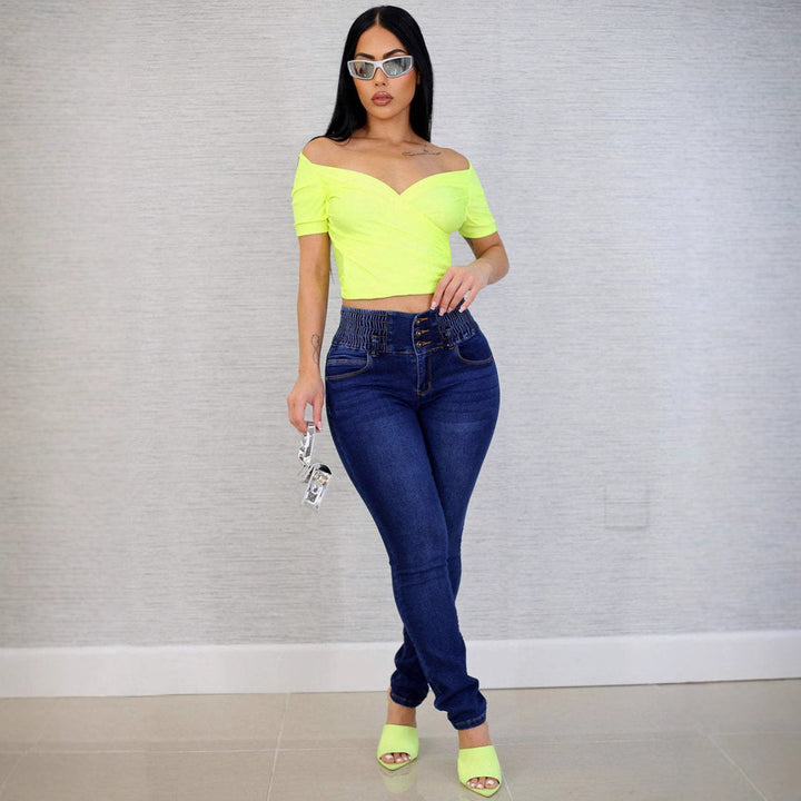 Jeans skinny taille haute pour femmes avec ceinture élastique et boutons décoratifs Levoire