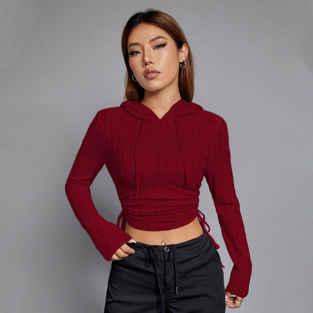 Haut de hoodie cropped pour femme à manches longues et motif côtelé élégant Levoire