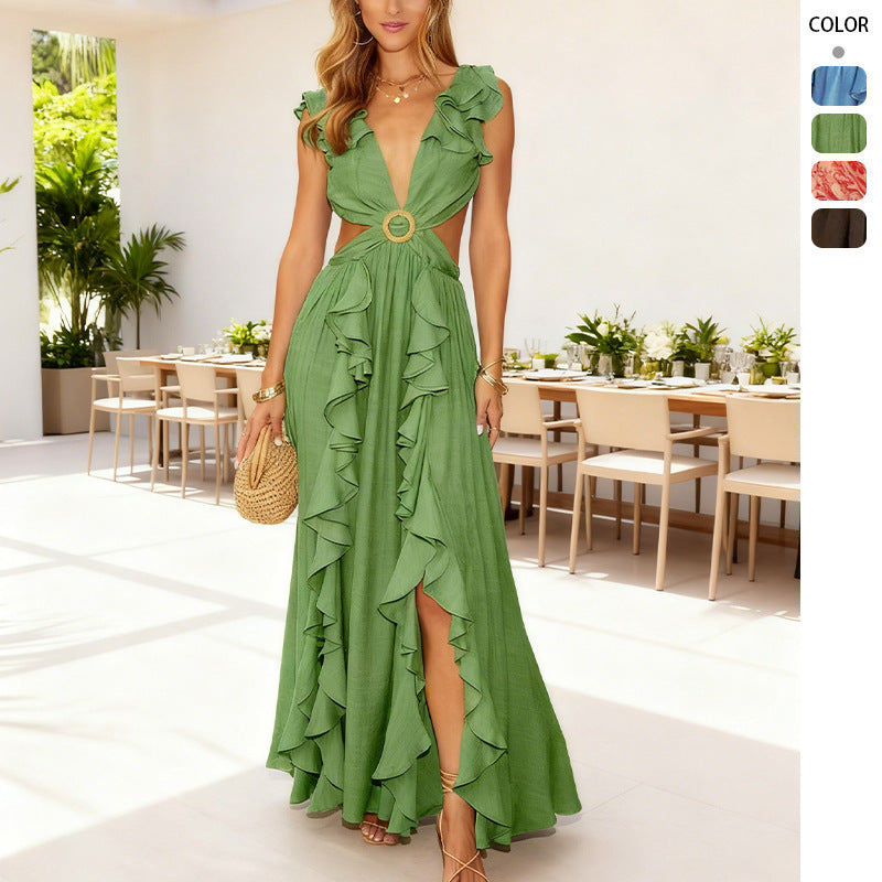 Robe maxi femme avec des volants volumineux et une profonde fente Levoire