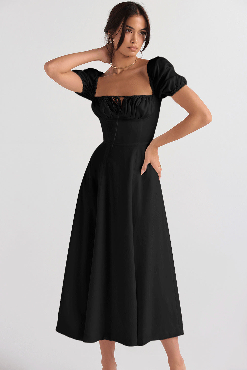 Robe Midi Élégante Femme avec Manches Bouffantes et Encolure Raffinée Levoire