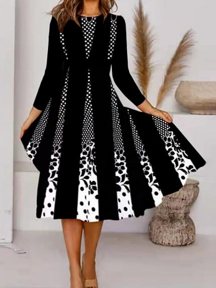 Levoire | Rentoa Print Col Ronde Mi-Longue Robe à Manches Longues Noir et blanc