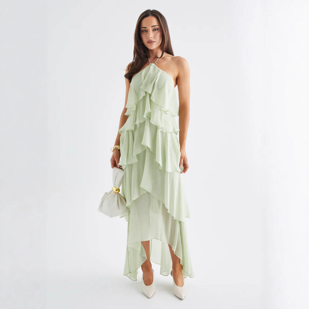 Robe maxi aérienne pour femmes avec volants fluides et col halter chic Levoire