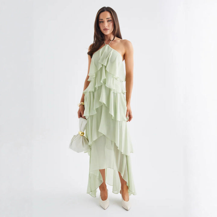 Robe maxi aérienne pour femmes avec volants fluides et col halter chic Levoire